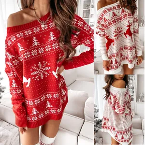Women Christmas Reindeer Snowflake Jacquard Knitted Sweater Dress Off Shoulder Long Sleeve Loose Fit Retro Holiday Mini Dress