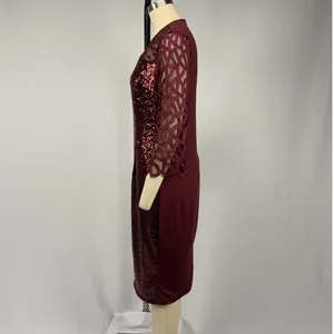 Detailed side view of a burgundy sequin party dress with hollow-out mesh sleeves