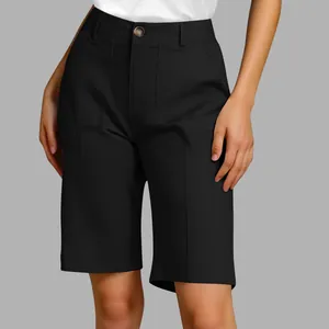 Detailed front view of high-waisted black knee-length suit shorts for women summer wear