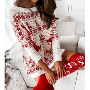Close-up of festive Christmas Fair Isle knitted long-sleeve loose sweater dress with reindeer