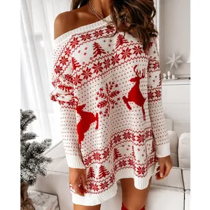 Close-up of women's Christmas off-the-shoulder knitted dress with reindeer pattern