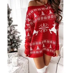 Detail shot of red Christmas jacquard loose knitted long sleeve sweater dress