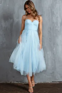 Detailed view of a light blue midi tulle dress with a corset bodice and mesh skirt