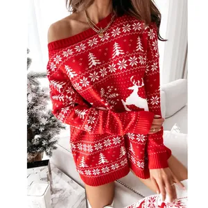 Detailed view of women's red Christmas one-shoulder knitted sweater dress with snowflakes