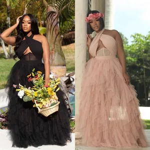 Elegant halter mesh tulle prom dress with corset bodice in black and pink colors