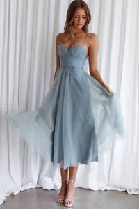 Elegant dusty blue tulle midi dress with corset bodice and pleated strap details