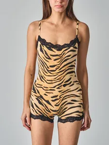 Detailed view of slim-fit tiger print bodysuit featuring elegant black lace trim.