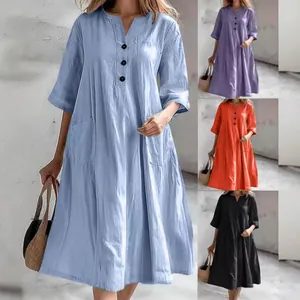 Dames Casual Katoenmix Midi Jurk V Hals Halflange Mouw Losse A Lijn Jurk Met Zakken Knopen Effen Tuniek Jurk