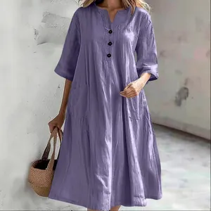 Casual paarse katoenen linnen midi-jurk met V-hals en zakken voor dames, zomerse stijl
