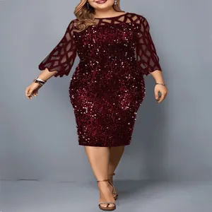 Women's Round Neck Sequin Mesh Patchwork Slim Fit Party Dress Three-Quarter Sleeve Mid-Length Bodycon Banquet Evening Gown