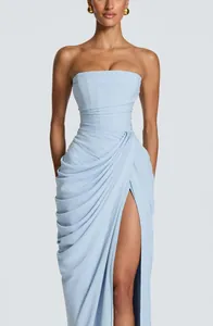 Elegant light blue strapless dress with asymmetrical draping and high slit details