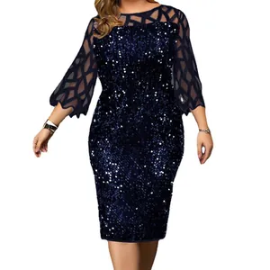 Elegant navy blue sequin party dress with mesh lattice 3/4 sleeves and slim fit