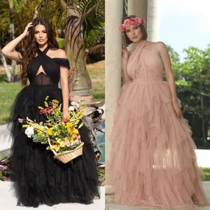 Elegant Halter Neck Mesh Lace Maxi Dress For Women Vintage Corset Waist Party Prom Evening Gown Wedding Guest Dress