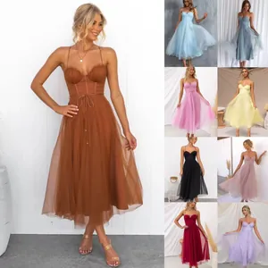 Women Sexy Spaghetti Strap Mesh Tulle Dress Slim Fit Corset Bodycon Evening Party Midi Dress Elegant Princess Tulle Prom Gown