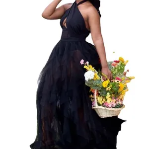 Elegant black halter neck lace tulle evening gown for formal parties and prom events