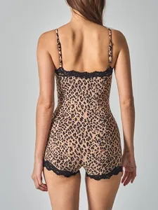 Close-up back view of a stylish slim-fit leopard print lace-trimmed bodysuit for women
