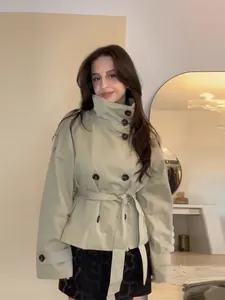 Retro double-breasted short trench coat with belted waist and high collar design