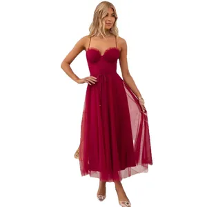 Elegant burgundy red tulle camisole midi dress for evening party and formal events