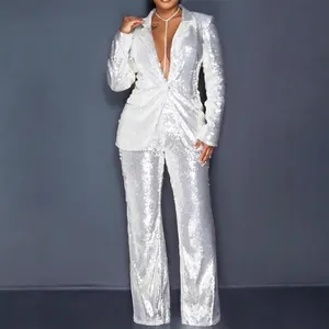 Women's Slim Fit Sequin Blazer And Trousers Top And Bottom Elegant Commuter Party Outfit Suit
