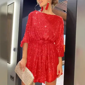 Red sparkling sequin party dress with waist tie for elegant holiday celebrations