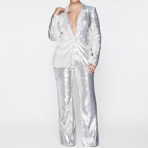 Elegant silver sequin two-piece set featuring slim-fit blazer and wide-leg trousers
