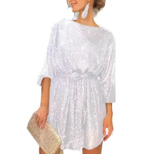 Elegant white sequin mini party dress with boat neck and belted waist for women