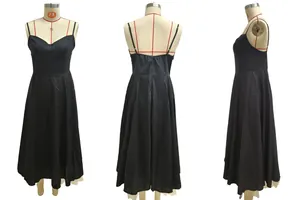 Detailed views of a black French style mesh strap dress with a flared skirt