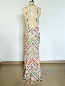 Detailed back view of a bodycon maxi dress featuring a vibrant zigzag print pattern