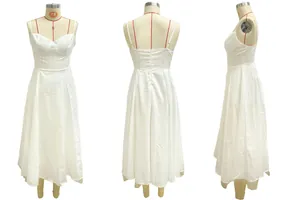 Detailed front, back, and side views of a white sweetheart neck princess midi dress