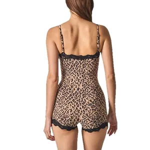 Elegant slim leopard print lace-trimmed bodysuit with adjustable spaghetti straps