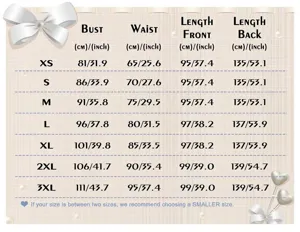 Comprehensive size chart for lace chiffon evening dress in centimeters and inches