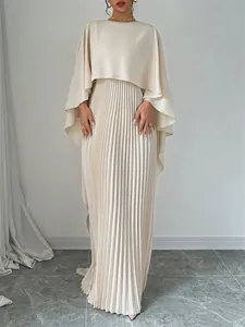 Elegant cream pleated two-piece set with batwing sleeves and long skirt for women