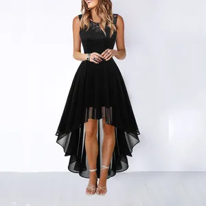 Elegant black sleeveless high-low evening dress with lace bodice and chiffon skirt detail