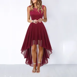 Elegant burgundy lace sleeveless dress with high-low chiffon skirt for evening gala