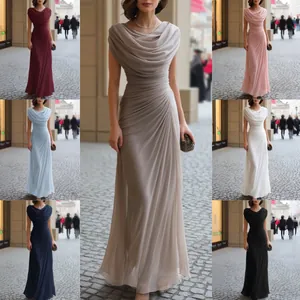 Elegant draped cowl neck maxi dress with pleated details, available in multiple colors