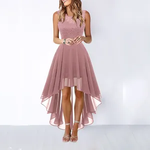 Elegant pink high-low evening dress featuring a lace bodice and flowing chiffon skirt