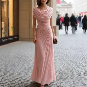 Elegant dusty rose maxi dress featuring a draped cowl neckline and exquisite side pleats detail.