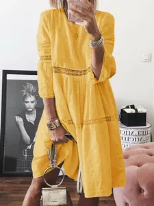 Yellow midi dress featuring delicate lace patchwork and hollow-out embroidery with 3/4 sleeves