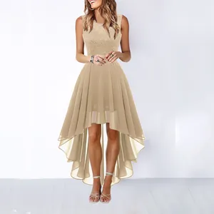 Elegant sleeveless high-low champagne lace chiffon evening gown perfect for formal parties