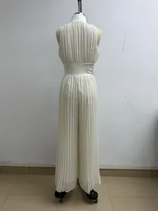Detailed back view of an elegant white pleated sleeveless wide-leg jumpsuit shown on a mannequin