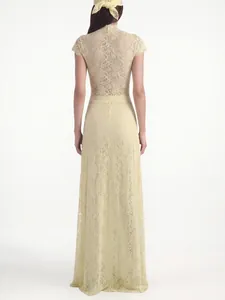 Back view of an elegant pale yellow lace maxi dress featuring intricate floral patterns