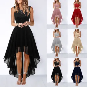 Women Elegant Sleeveless Hollow Out Lace Chiffon High-Low Midi Dress Slim Fit Evening Party Banquet Gown For Ladies
