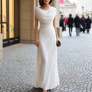 Elegant white floor-length maxi dress featuring a draped cowl neck and ruched waist design