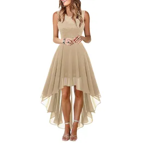 Elegant champagne high-low evening dress with sleeveless lace bodice and chiffon skirt