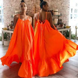 Vibrant orange loose sleeveless maxi dress with ruffled hem front and back view