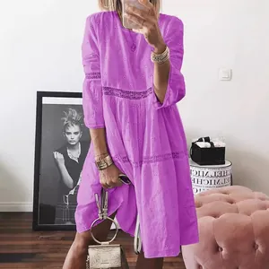 Elegant purple lace patchwork embroidered dress with 3/4 sleeves for women