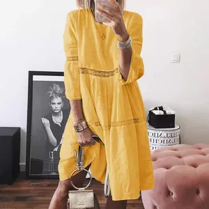 Bohemian yellow dress with lace patchwork and hollow embroidery details for women