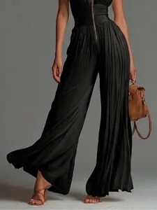 Elegant black pleated wide-leg jumpsuit with front zipper detail for a chic look