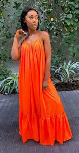 Vibrant orange loose-fit sleeveless maxi dress with thin straps and ruffled hem