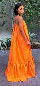 Back view of a vibrant orange sleeveless loose maxi dress with ruffled hem detail